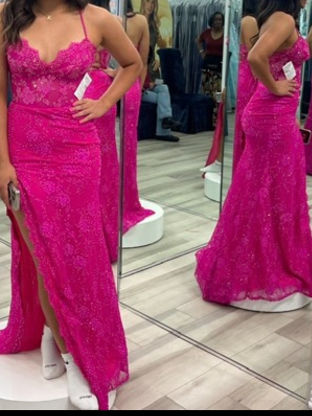 La Femme Fuchsia Beaded Lace Spaghetti Strap Evening Dress prom sequin - Picture 5 of 5